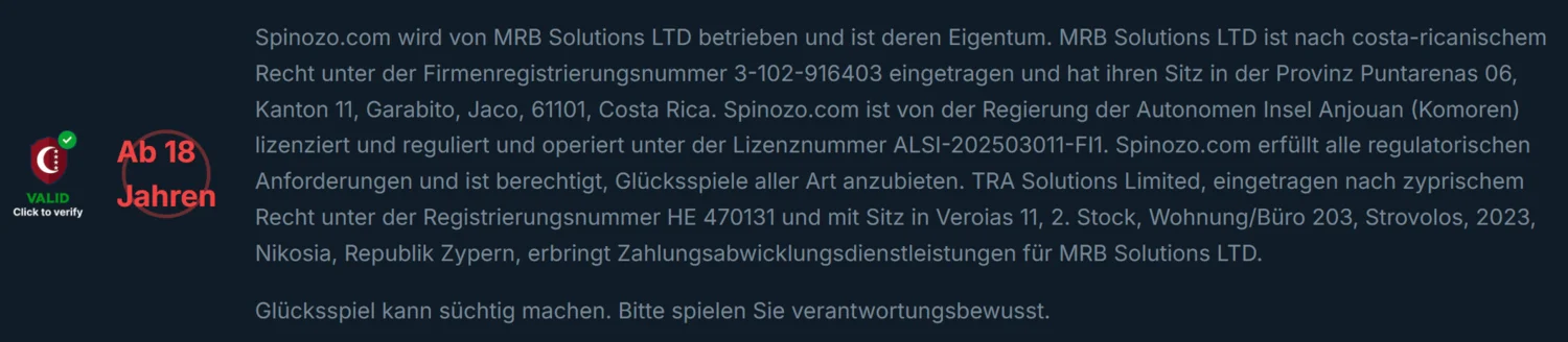 Spinozo Casino Lizenzierung